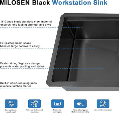 MILOSEN 33 Inch Black Undermount Kitchen Sink, 33" x 19" Black Stainless Steel Sinks, Single Bowl Workstation Sink with Custom Accessories, Handmade Under Counter Design, 9'' Depth Large Kitchen Sinks