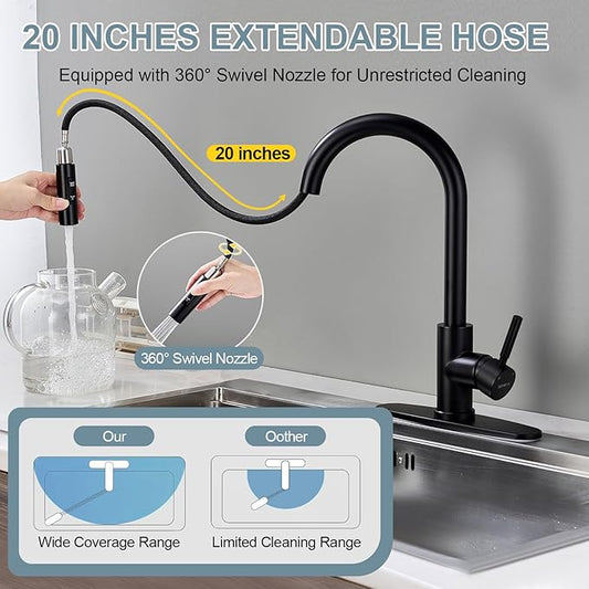 Kitchen Faucets with Pull Down Sprayer, Matte Black Single Handle High Arc Stainless Steel Sink Faucet with Deck Plate, 1 or 3 Hole Deck Mount for RV, Bar, Farmhouse, Laundry, Outdoor