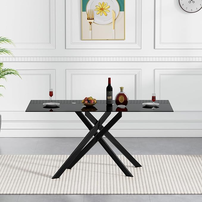 51.2'' Glass Dining Table for 4, Rectangular Dining Room Table for 4, X-Shape Black Metal Legs, Kitchen Dining Room Living Room Black Glass Top Kitchen Table for 2