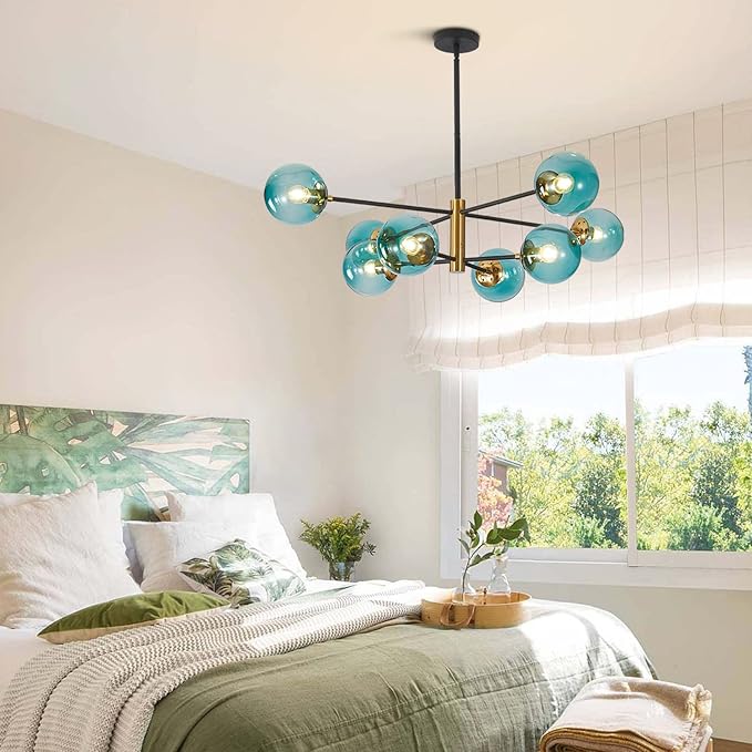BOKT Modern Sputnik Chandelier 8-Lights Blue Glass Globe Chandelier Mid Century Pendant Light Fixture for Dining Room, Living Room, Island Kitchen, Bedroom