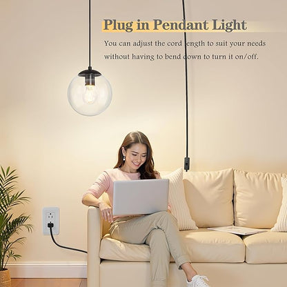 KoKo&Yukina 8" Globe Pendant Light Black Plug in Pendant Light Adjustable Hanging Lights with Plug in Cord Matte Black Finished with Clear Glass Lampshade for Bedroom Kitchen Island（Bulb Included）