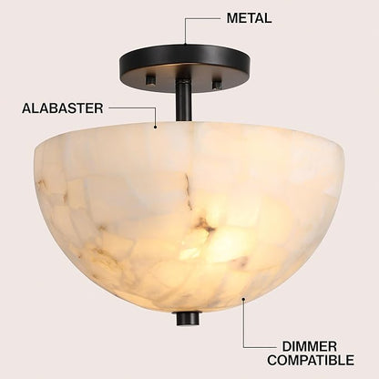JONATHAN Y 12" White Marbling/Black Modern 2-Light LED Semi Flush Mount Light, Inverted Dome Ceiling Fixture with White Alabaster Shade for Bedroom, Hallway, LED Bulbs Included (JYL1205B)