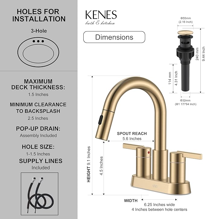 KENES Champagne Bronze Pull Down Bathroom Faucet, 4 Inch 2 Handle Centerset Bathroom Faucet 3 Hole with Pull Out Sprayer, Bathroom Vanity Faucet with Pop Up Drain & Supply Lines LJ-9069-CB