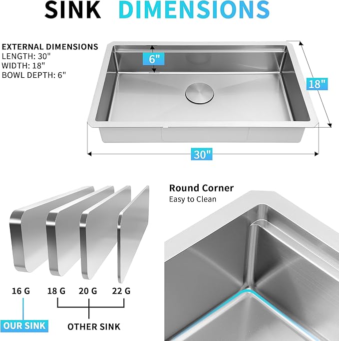 Undermount Kitchen Sink, 16 Gauge T-304S Stainless Steel Workstation Sinks with Accessories, 30" x 18" x 6" ADA-Compliant Large Kitchen Sink, 6 Inch Deep for ADA Sink,and RV kitchen SInk