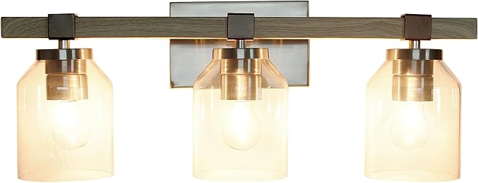 Elegant Designs VT1020-GRY 22" Country Farmhouse Gray and Brushed Nickel Decorative 3 Light Wall Mounted Metal Vanity Fixture with Clear Glass Shades for Bathroom, Entryway, Hallway