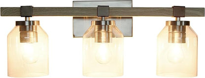 Elegant Designs VT1020-GRY 22" Country Farmhouse Gray and Brushed Nickel Decorative 3 Light Wall Mounted Metal Vanity Fixture with Clear Glass Shades for Bathroom, Entryway, Hallway