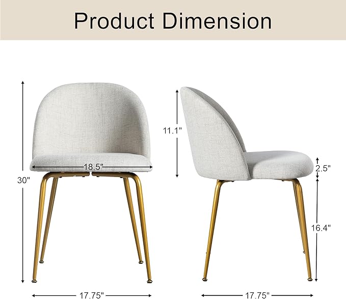 Casaphoria Dining Chairs Set of 2, Modern Gray and Gold Upholstered Accent Chairs with Metal Legs, Ergonomic Comfy Vanity Chair for Kitchen, Living Room, and Bedroom