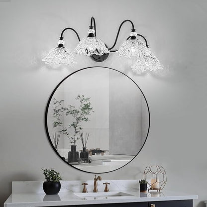 4-Light Matte Black Bathroom Vanity Light, Farmhouse Vanity Light with Floral Clear Glass Shades, Vintage Wall Mount Lighting for Bathroom