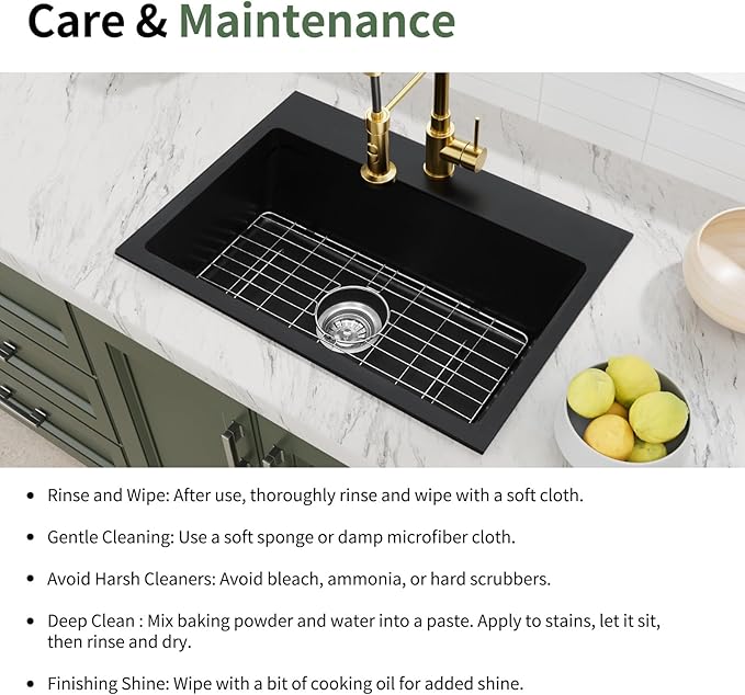 Davivy 27 inch Black Granite Composite Kitchen Sink, 27 x19 Black Quartz Topmount/Drop In Kitchen Sink, Single Bowl Design