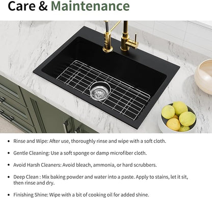 Davivy 27 inch Black Granite Composite Kitchen Sink, 27 x19 Black Quartz Topmount/Drop In Kitchen Sink, Single Bowl Design