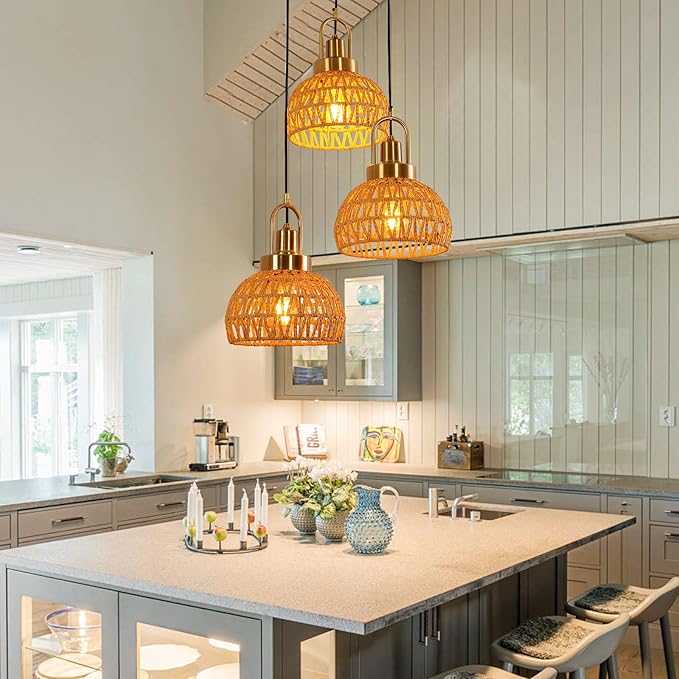 Modern Boho Gold Rattan Pendant Light 3-Lights Vintage Farmhouse Rattan Pendant Light Fixture Hand Woven Golden Bamboo Wicker Pendant Lights for Kitchen, Stairwell, Entryway, Living Room