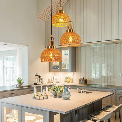 Modern Boho Gold Rattan Pendant Light 3-Lights Vintage Farmhouse Rattan Pendant Light Fixture Hand Woven Golden Bamboo Wicker Pendant Lights for Kitchen, Stairwell, Entryway, Living Room