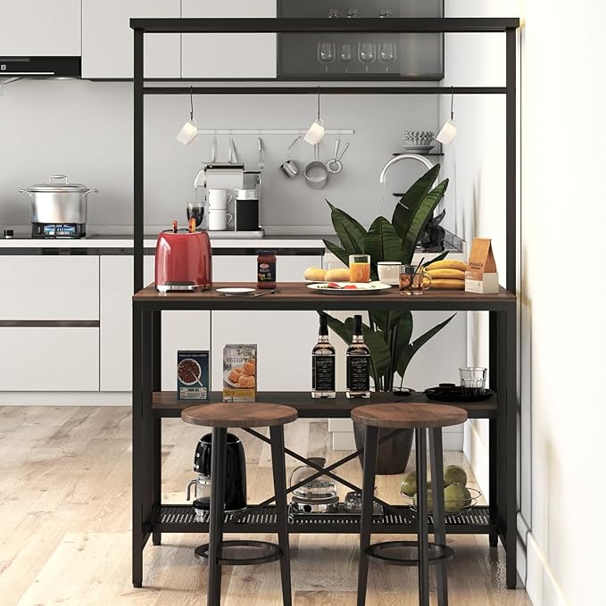 3-Tier Kitchen Island Table with Storage Shelves & Hooks - Walnut Finish