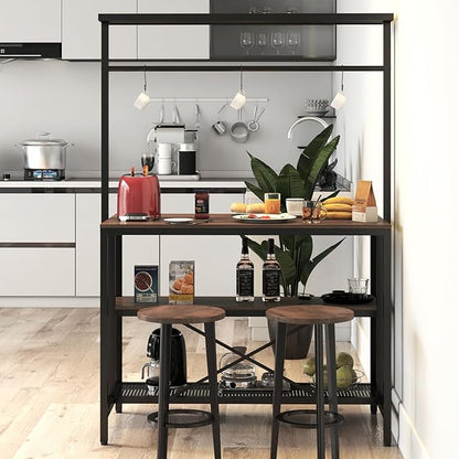 3-Tier Kitchen Island Table with Storage Shelves & Hooks - Walnut Finish
