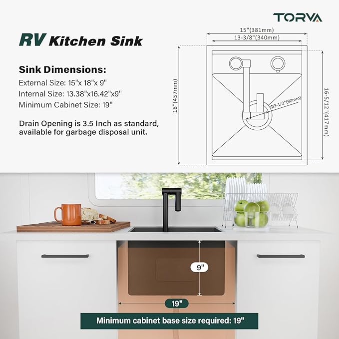 TORVA RV Kitchen Sink, 15 x 18 x 9 Inch Undermount Bar Sink 16 Gauge Stainless Steel Single Bowl Workstation Sink with Faucet Cutting Board, Dark Grey