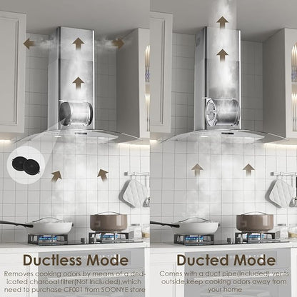 30 Inch Wall Mounted Curved Glass Range Hood with 450 CFM Stainless Steel kitchen Ductless/Ducted Convertible with 3 Speeds Extract Fan & Touch Control