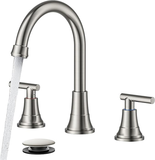 FORIOUS Brushed Nickel Bathroom Faucet 3 hole, 2 Handle 360° Swivel Gooseneck 8 Inch Widespread Bthroom Sink Faucet Brushed Nickel 3 Hole with Hot and Cold Water Hose, Farmhouse Restroom renovation