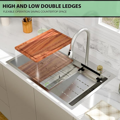 33 Inch Waterfall Kitchen Sink - Beslend 33x22 Drop In Waterfall Sink Workstation Smart Sinks 16 Gauge Stainless Steel Single Bowl Single Basin with Faucet Combo