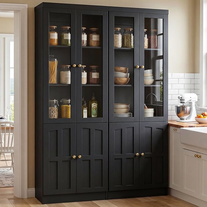 Cyclysio Kitchen Pantry Cabinet, 80" Wood Pantry Storage Cabinet with Doors and Adjustable Shelves, Kitchen Cabinet with Thickened Top Panel, Tall Cabinet for Livingroom, Pantry, Bathroom (2, Black)