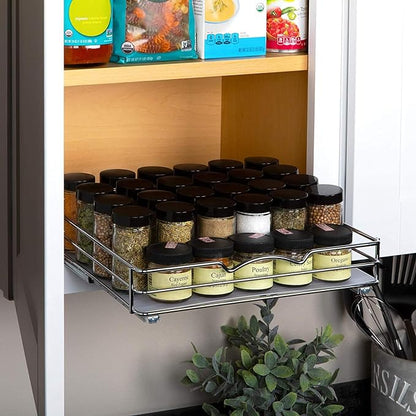 Pull-Out Cabinet Spice Rack Organizer - Slim Slide-Out Storage for Spices, Bottles & Jars, Premium Heavy-Duty Steel, Easy Install for Narrow Kitchen Cabinets - 12 ⅜ W x 10 ⅜ D x 2 ¾ H, Chrome