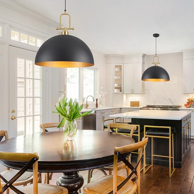 19.7" Large Dome Pendant Light - Black and Gold Pendant Light for Kitchen Island, Modern Industrial Lighting Fixtures for Dining Room, Foyer, Entryway, Hallway