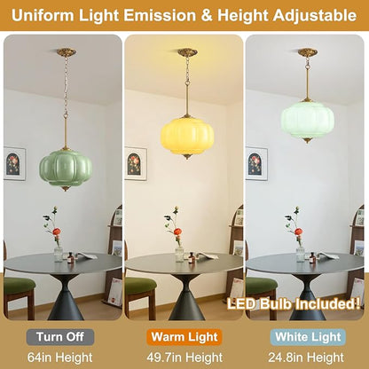 Green Glass Pendant Light, 15in Large Schoolhouse Light Fixture, LED Bulb Included, Vintage Art Deco Chandelier for Kitchen Island Dining Room Bedroom Hallway, Green & Antique Gold 1 Pack