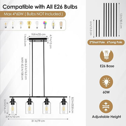 Dining Room Light Fixture, 4-Light Industrial Black Chandeliers for Dining Room, Height-Adjustable Dining Room Light Fixtures Over Table, Dining Room Chandelier Clear Glass Shade for Kitchen Island