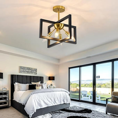 ZGLAOJT 4-Lights Ceiling Light Fixture Modern Black and Gold Semi Flush Mount Ceiling Lighting Matte Chandelier for Bedroom Kitchen Foyer Hallway Living Room Farmhouse