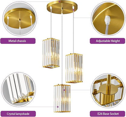 Pendant Lights Modern Pendant Light Gold Rectangle Mini Crystal Chandeliers Adjustable Pendant Light Fixture for Kitchen Island Bedroom Dinning Room Living Room (Gold-3Light
