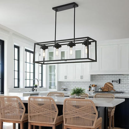Black Dining Room Light Fixtures, Farmhouse Chandeliers for Dining Room Rustic Kitchen Island Light Fixtures Vintage Antique Linear Adjustable Hanging Pendant Light with Clear Glass Shade