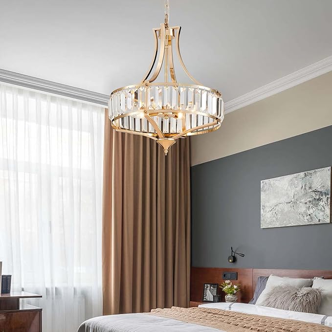 Crystal Chandeliers for Dining Room Modern Farmhouse 4-Light Rustic Mid Century Chandelier with Round Metal Lampshade, Perfect for Hallway Bedroom Foyer, Brush French Glod
