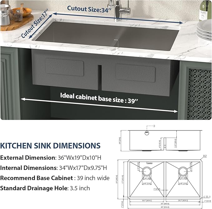 Lordear 36 Inch Kitchen Sink Double Bowl Stainless Steel Kitchen Sinks 36x19 Large Undermount Sinks Double Bowl 10 Inch Deep Sink 50/50 Handmade