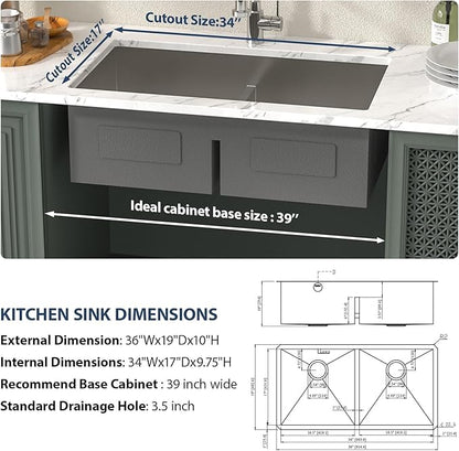 Lordear 36 Inch Kitchen Sink Double Bowl Stainless Steel Kitchen Sinks 36x19 Large Undermount Sinks Double Bowl 10 Inch Deep Sink 50/50 Handmade