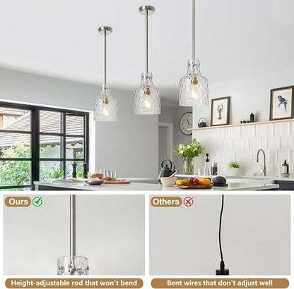 WILON Modern Glass Pendant Lighting for Kitchen Island, Farmhouse Pendant Lights for Dining Room Kitchen Sink, Adjustable Hanging Ceiling Light 7" Hammered Glass Shade, Brushed Nickel Metal Finish