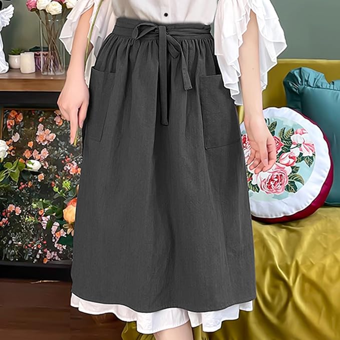 Cityelf Cotton Linen Half Apron for Women Vintage Waist Apron Ruffle Plain Bright Color for Cooking Painting Artwork