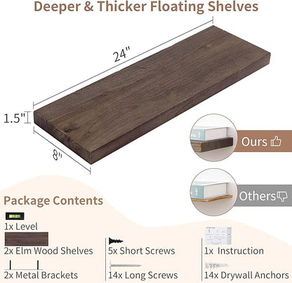 Axeman Floating Shelves for Wall, 24''W x 8'' D Rustic Solid Elm Wood Shelves for Storage, Wall Mounted Display Shelving with Invisible Heavy-Duty Metal Bracket (Walnut, 2PCs)