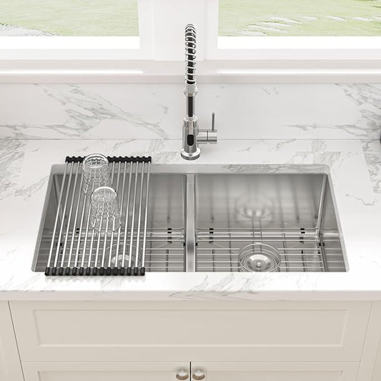 Sarlai 33 Undermount Sink Double Bowl - 33x19 Kitchen Sink Undermount Stainless Steel 16 Gauge Round Corner Double Bowl 50/50 Sink Basin