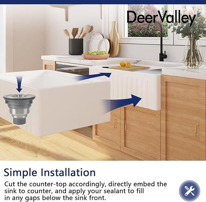 DeerValley Ceramic Farmhouse Workstation Sinks 33 inch, White Farmhouse Kitchen Sink, Reversible Apron Front Kitchen Sink Single Bowl with Grid, Sink Strainer & Workstation Accessories