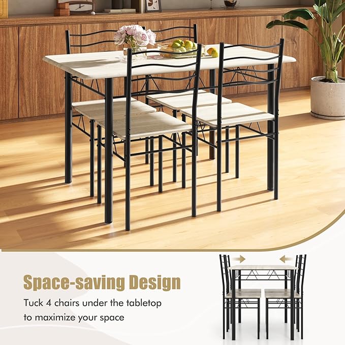 Giantex Modern 5 Piece Dining Table Set for 4 Chairs Wood Metal Kitchen Breakfast Furniture (Beech Wood)