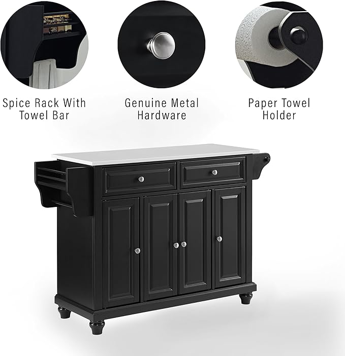 Crosley Furniture Cambridge Stone Top Rolling Kitchen Island Storage Cart, Microwave Stand, Spice Rack, Black