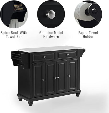 Crosley Furniture Cambridge Stone Top Rolling Kitchen Island Storage Cart, Microwave Stand, Spice Rack, Black