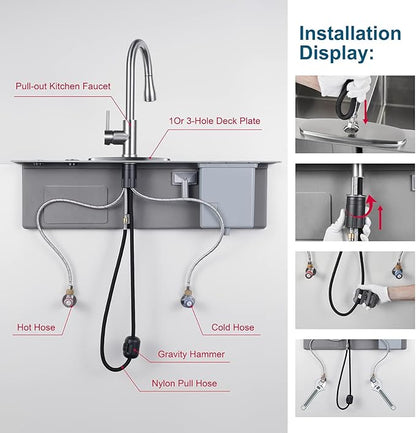 Brushed Nickel Kitchen Faucet with Pull Down Sprayer,304 Stainless Steel High Arc Single Handle Classic Sink Faucet with Pull Out Sprayer,Suitable for Farmhouse Camper Laundry Rv Bar