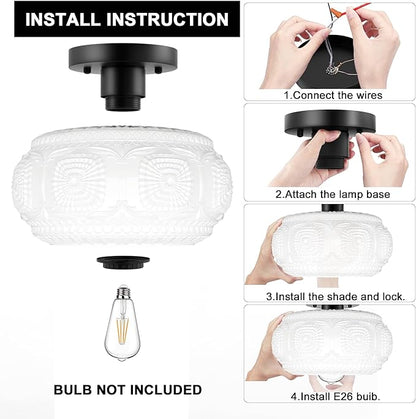 Semi Flush Mount Ceiling Light, Milk Glass Shade Modern Ceiling Light Fixture, Vintage Black Lighting for Hallway Bedroom Entryway Kitchen Porch
