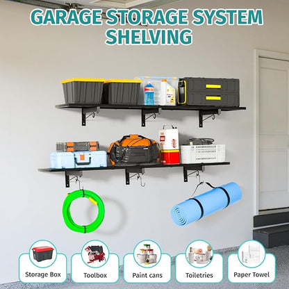Garage Wall Shelving, 46'' x 12.6'' Garage Shelf Wall Mounted, Heavy Duty Storage Shelves 180 LBS Capacity, Floating Storage Rack with 4 Hooks, Black Metal Shelf Organizer for Basement, Workshop