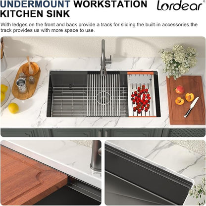 Lordear 36 Inch Kitchen Sink Black Undermount Kitchen Sink Workstation 16 Gauge Stainless Steel Single Bowl with Built-in Accessories, 36x19x9 Inch Gunmetal Black Nano-pvd