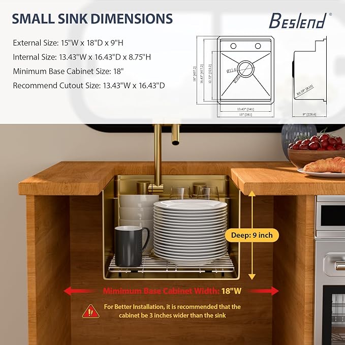 15 Inch Outdoor Undermount Bar Sink With Faucet and Cover - Beslend 15x18x9 Undermount Kitchen Sink Workstation 16 Gauge Stainless Steel Single Bowl Sinks Under Counter Indoor Outdoor Gold