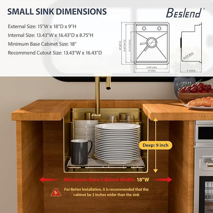 15 Inch Outdoor Undermount Bar Sink With Faucet and Cover - Beslend 15x18x9 Undermount Kitchen Sink Workstation 16 Gauge Stainless Steel Single Bowl Sinks Under Counter Indoor Outdoor Gold