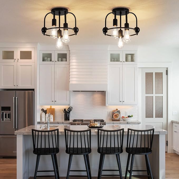 3 Light Industrial Ceiling Light Black Semi Flush Mount Lights Close to Ceiling Light Fixtures,cage Design Farmhouse Ceiling Lighting for Kitchen Bedroom Bathroom Foyer Hallway (E26, 1Pack)