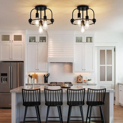 3 Light Industrial Ceiling Light Black Semi Flush Mount Lights Close to Ceiling Light Fixtures,cage Design Farmhouse Ceiling Lighting for Kitchen Bedroom Bathroom Foyer Hallway (E26, 1Pack)