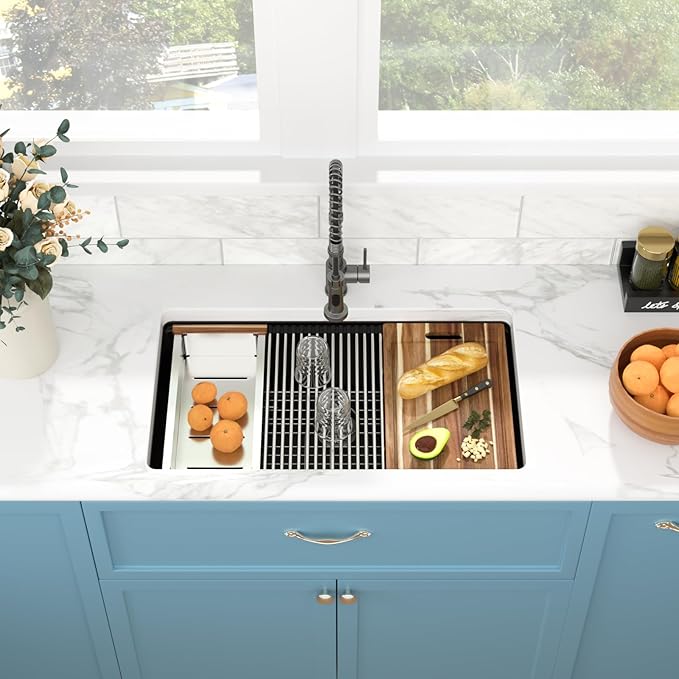 Sarlai 33 Granite Composite Kitchen Sink - 33 x 19 Inch Granite Undermount Kitchen Sink Ledge Workstation Under-Mount White Quartz Classic Single Bowl Sinks Under Counter Basin With Accessories